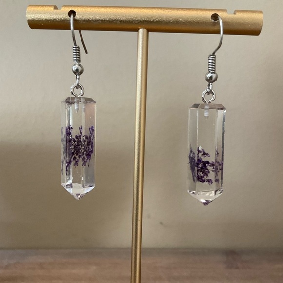 Woman's Flower Decor Geometric Prism Shape Dangle Drop Earrings - Picture 3 of 6